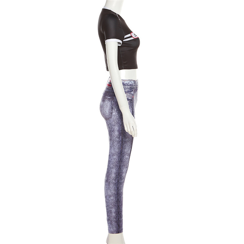 Printing sports splice casual pants 2pcs set for women