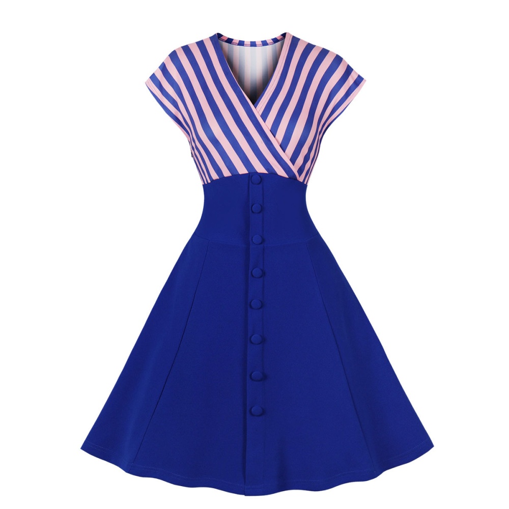 Big skirt stripe V-neck beauty splice dress