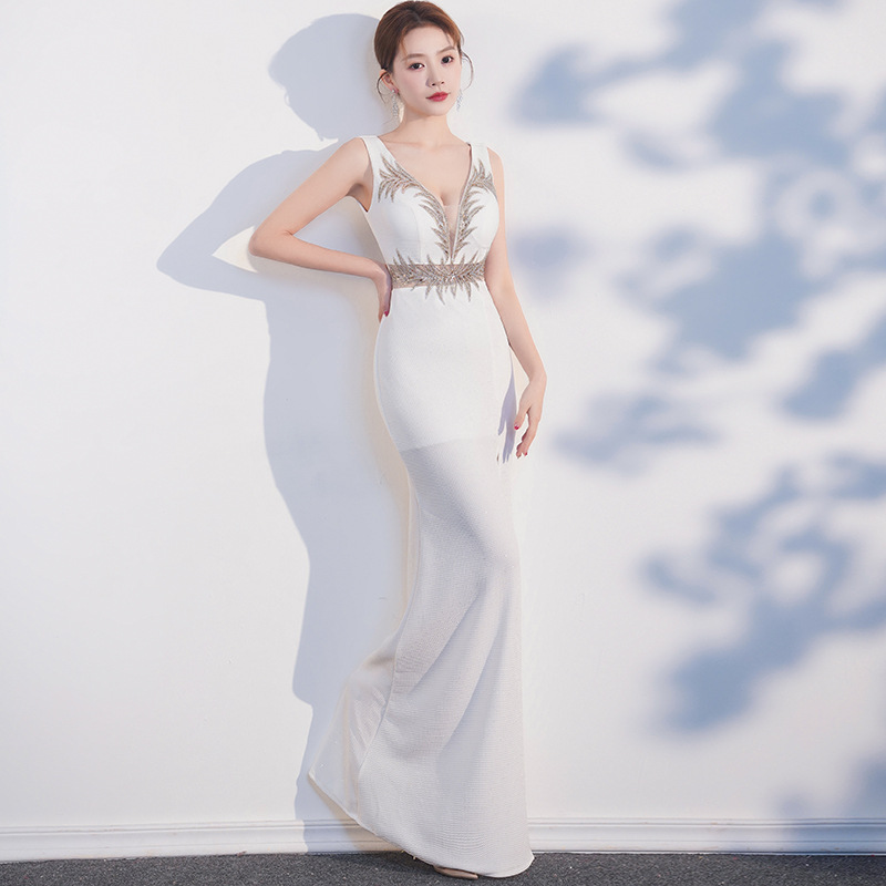 Sexy white long annual meeting slim evening dress for women