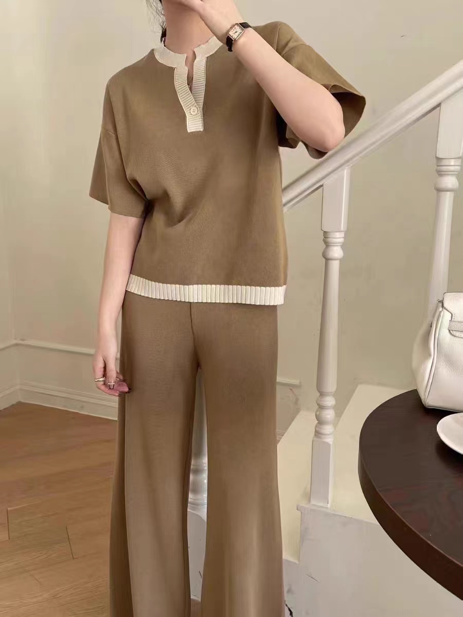 V-neck wide leg pants fashion sweater 2pcs set for women