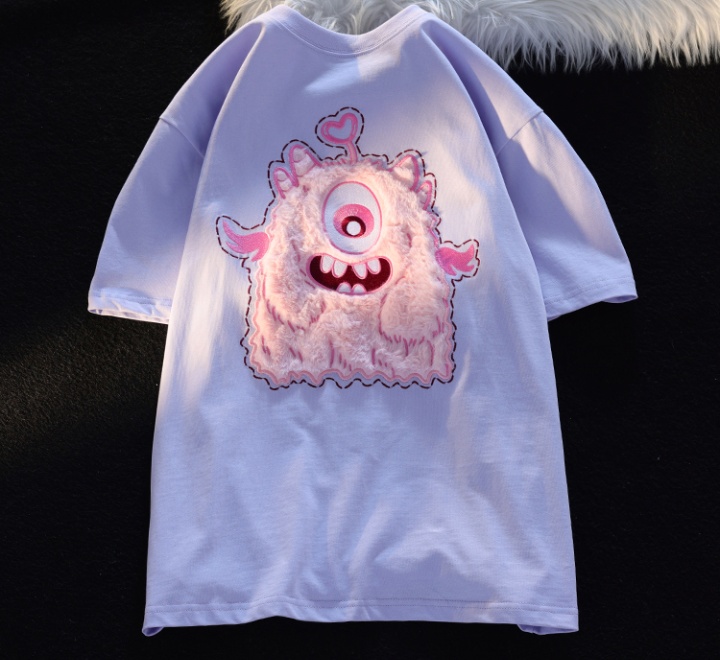 Embroidered flocking pink T-shirt for women