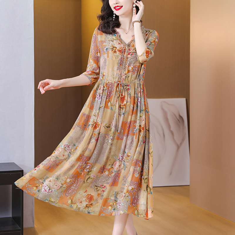 Silk summer Western style real silk long dress for women