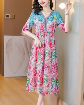 Floral real silk fashion luxurious summer V-neck silk dress