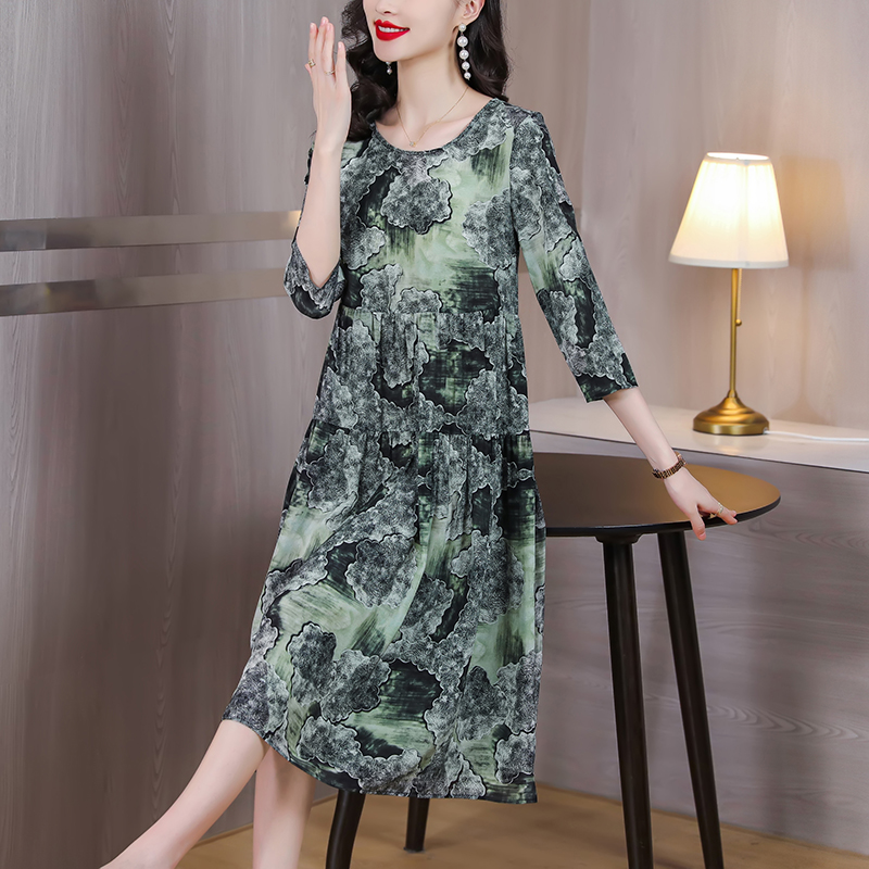 Middle-aged real silk silk spring and summer retro printing dress