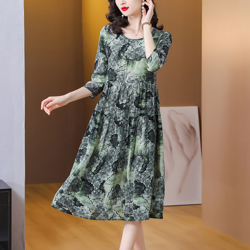 Middle-aged real silk silk spring and summer retro printing dress