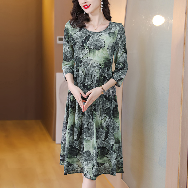 Middle-aged real silk silk spring and summer retro printing dress