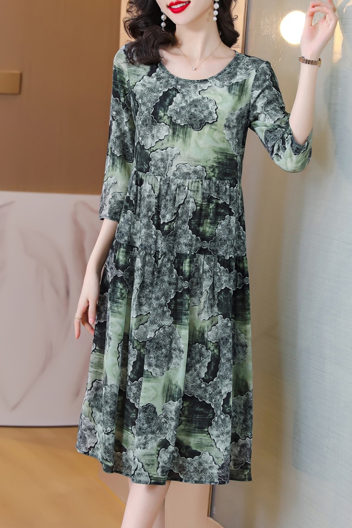 Middle-aged real silk silk spring and summer retro printing dress