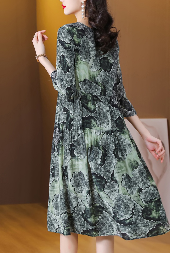 Middle-aged real silk silk spring and summer retro printing dress