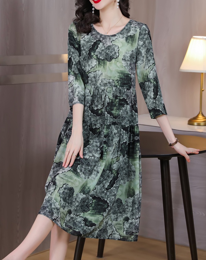 Middle-aged real silk silk spring and summer retro printing dress