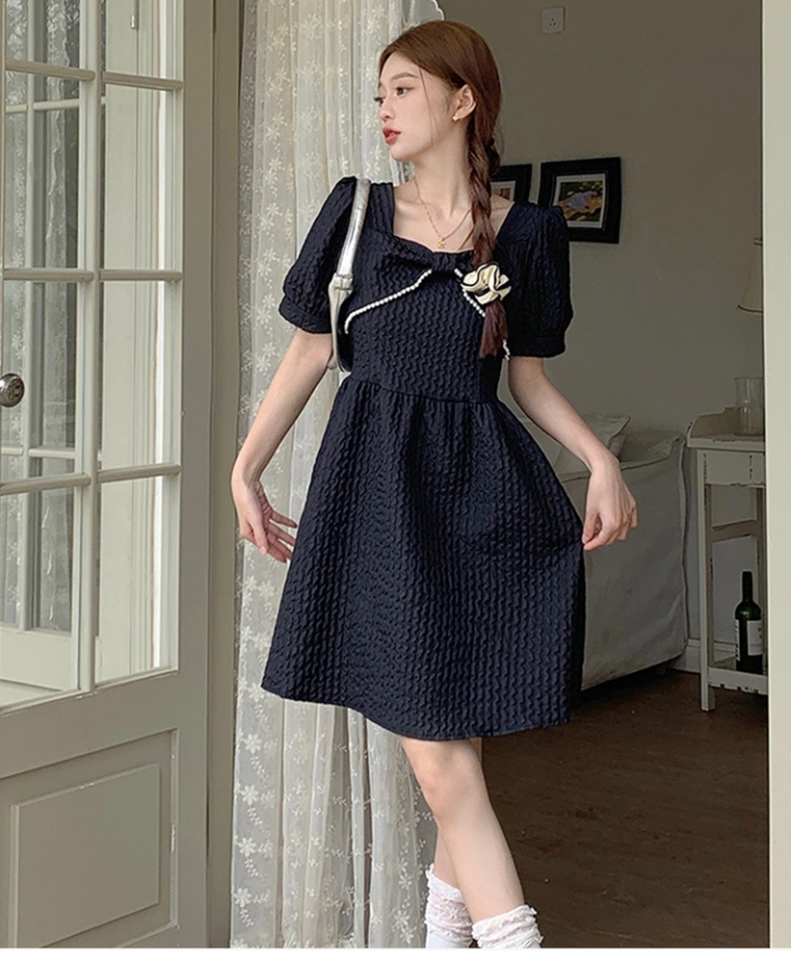 Pearl bow France style pinched waist slim dress