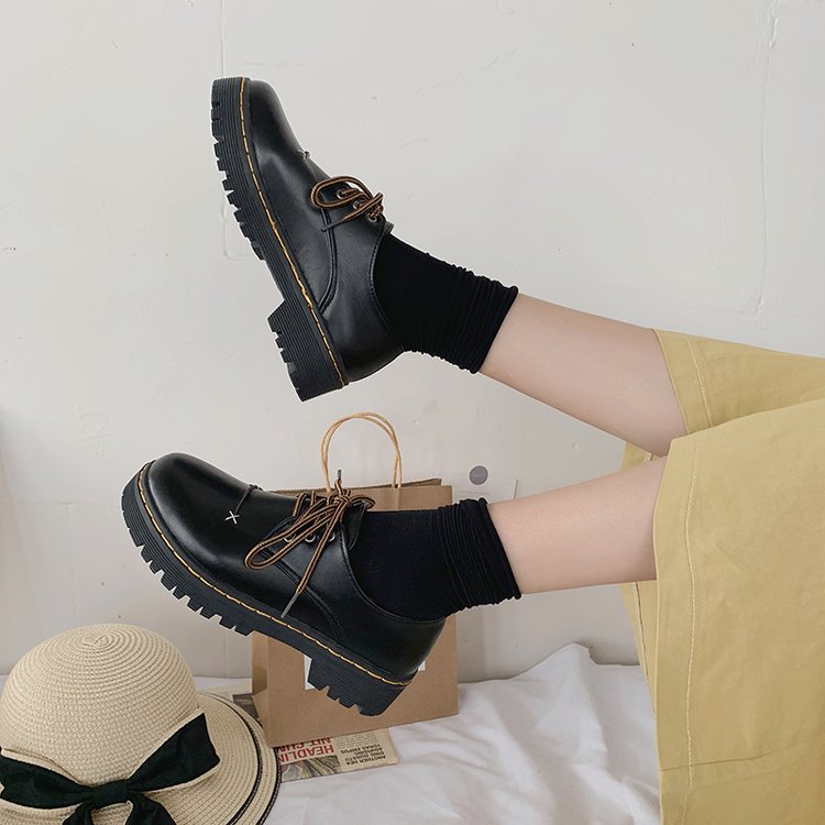Round leather shoes college style shoes for women