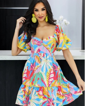 Printing pinched waist Casual temperament dress