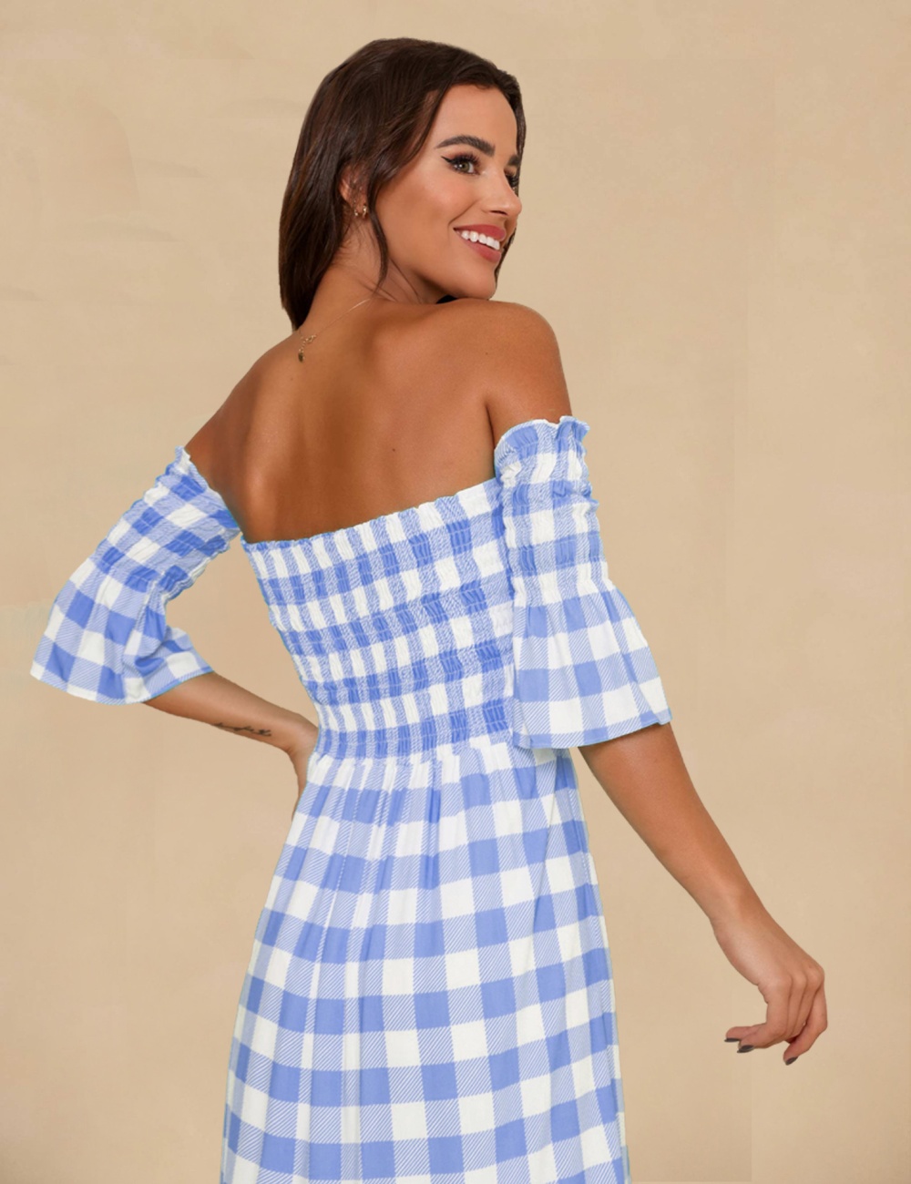 Halter European style plaid temperament dress