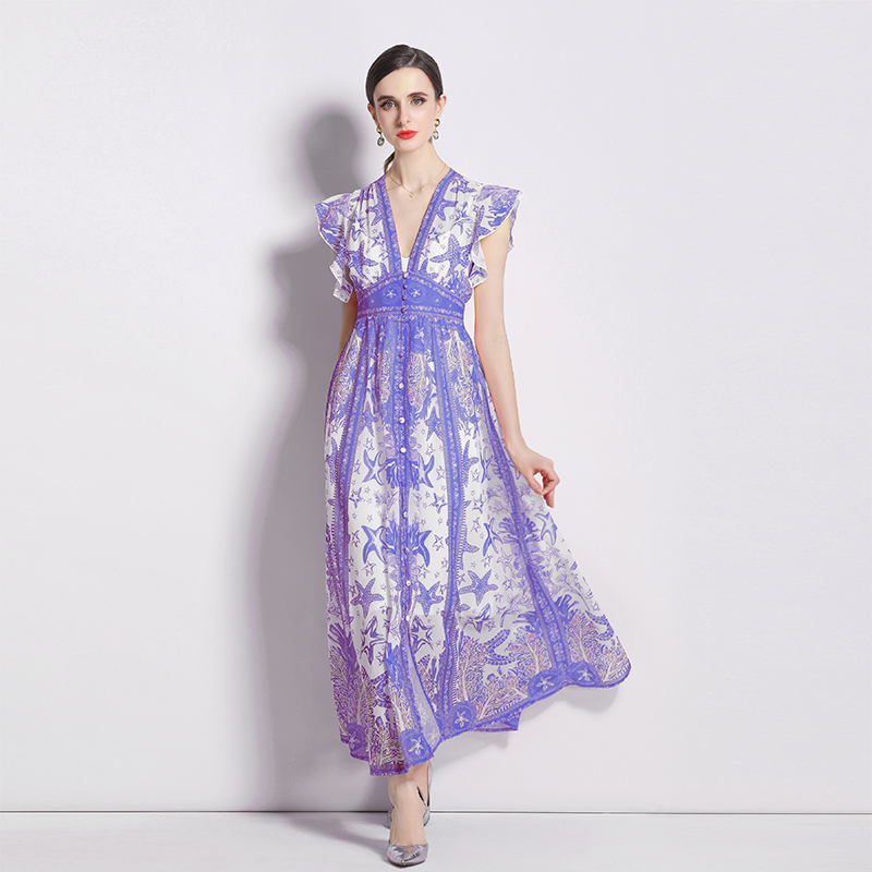 Chiffon vacation dress lotus sleeve printing long dress