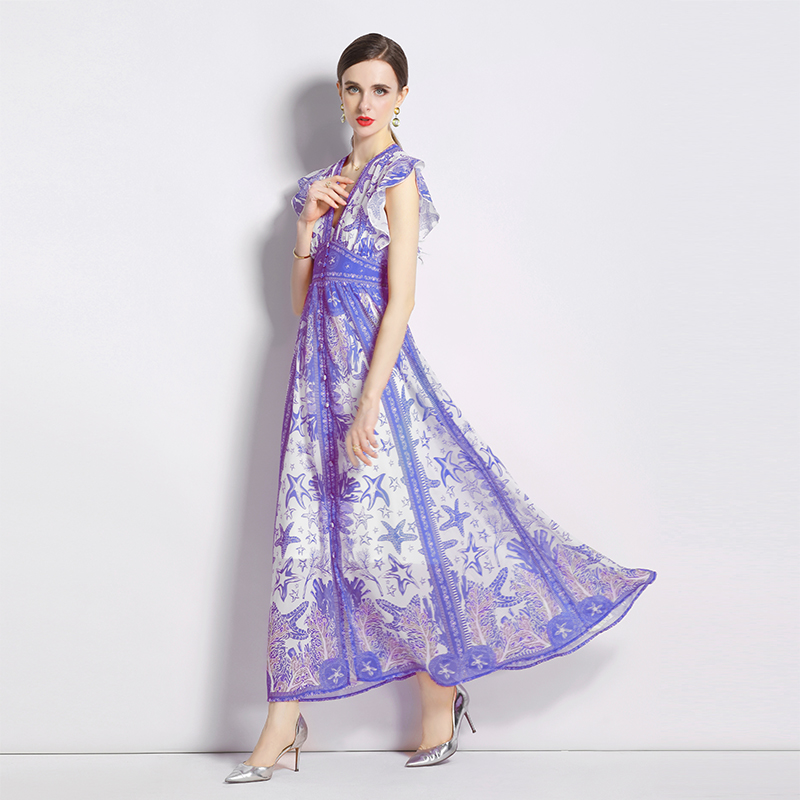 Chiffon vacation dress lotus sleeve printing long dress