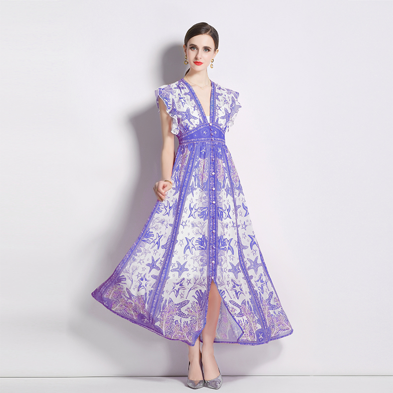 Chiffon vacation dress lotus sleeve printing long dress