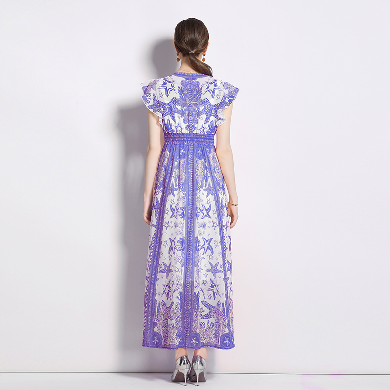 Chiffon vacation dress lotus sleeve printing long dress