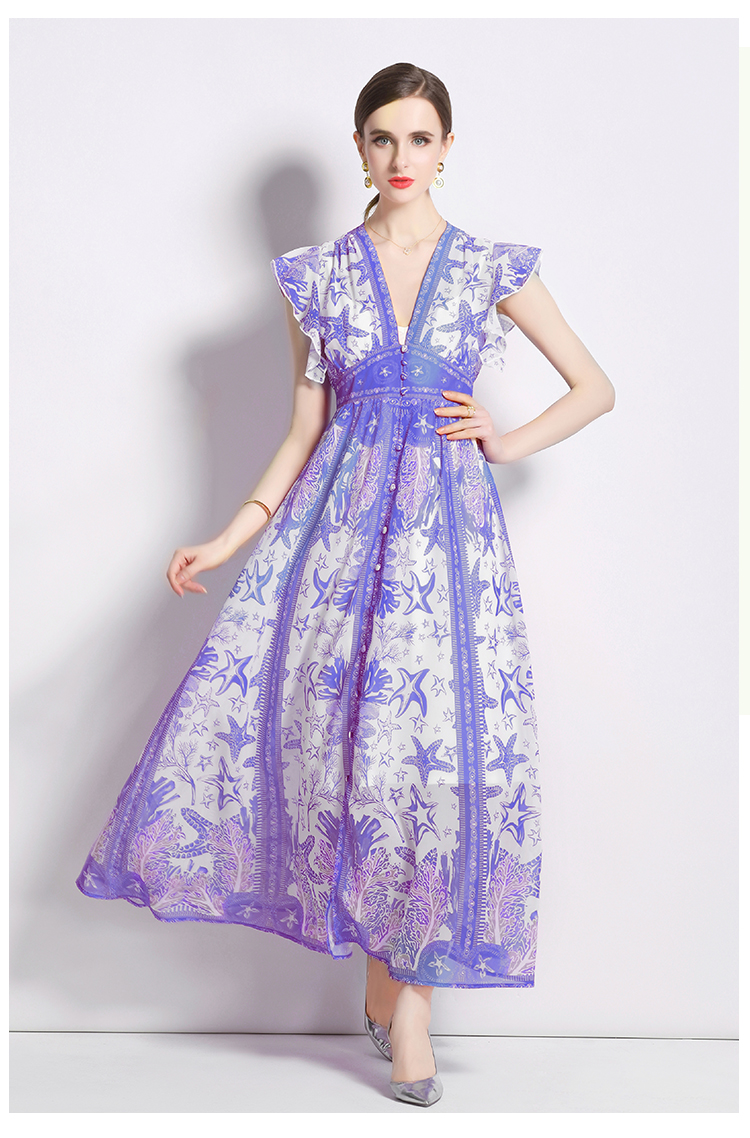 Chiffon vacation dress lotus sleeve printing long dress