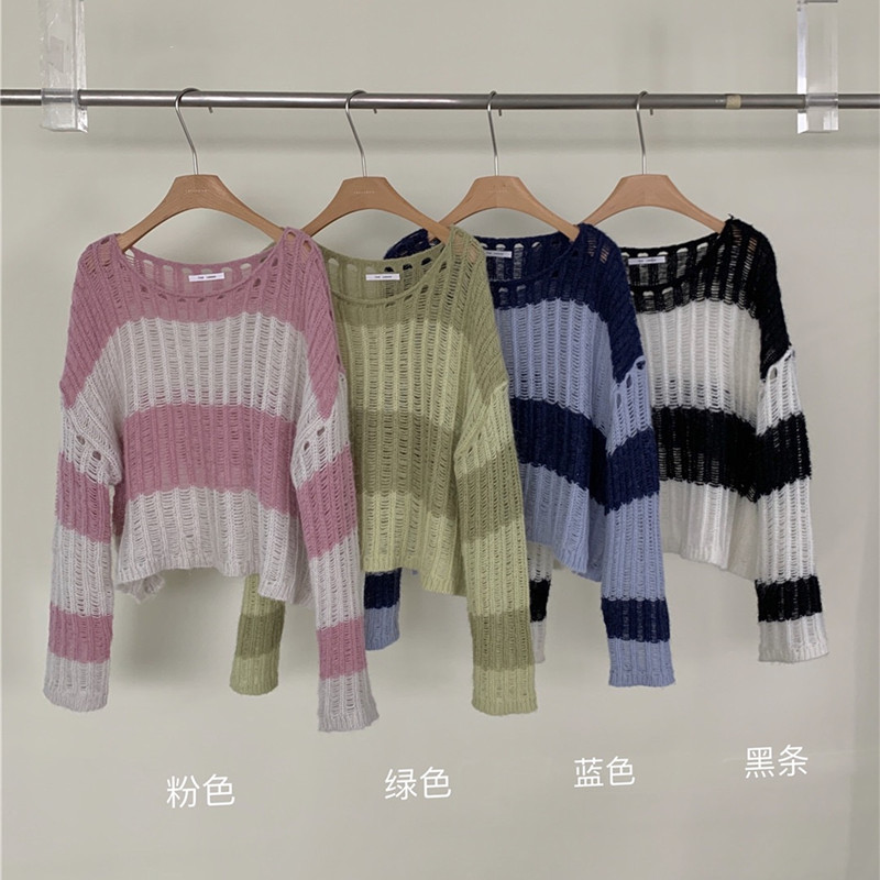 Stripe knitted tops spring hollow smock for women