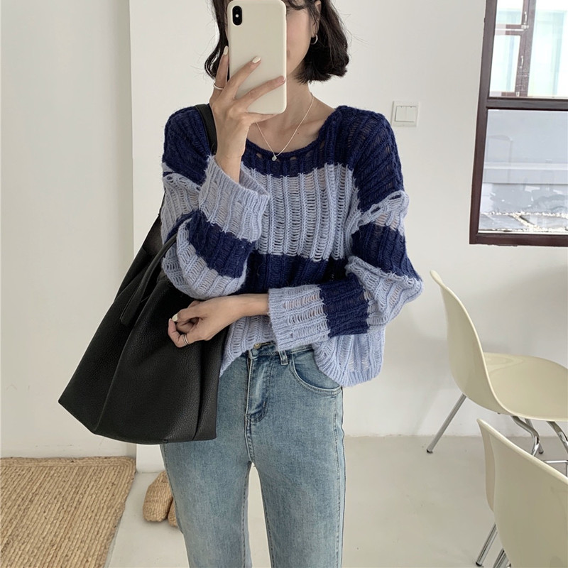 Stripe knitted tops spring hollow smock for women