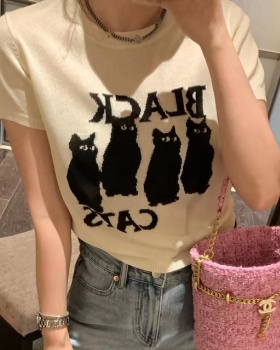 Short sleeve loose tops knitted kitty T-shirt