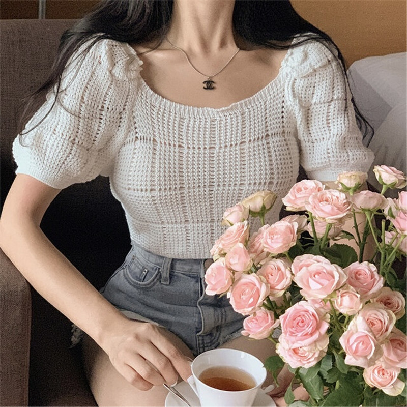 Pure puff sleeve short knitted temperament tops