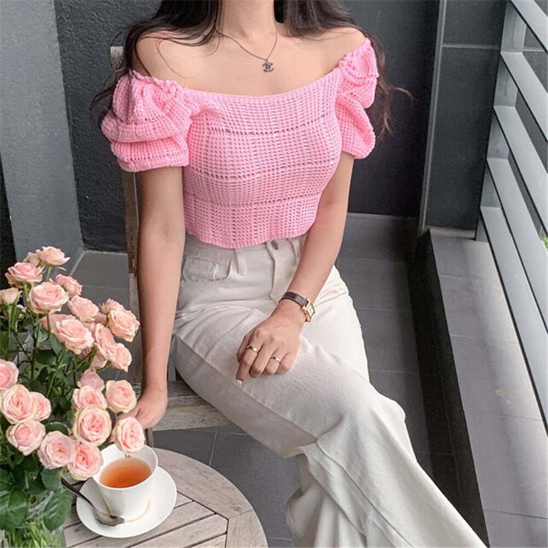 Pure puff sleeve short knitted temperament tops