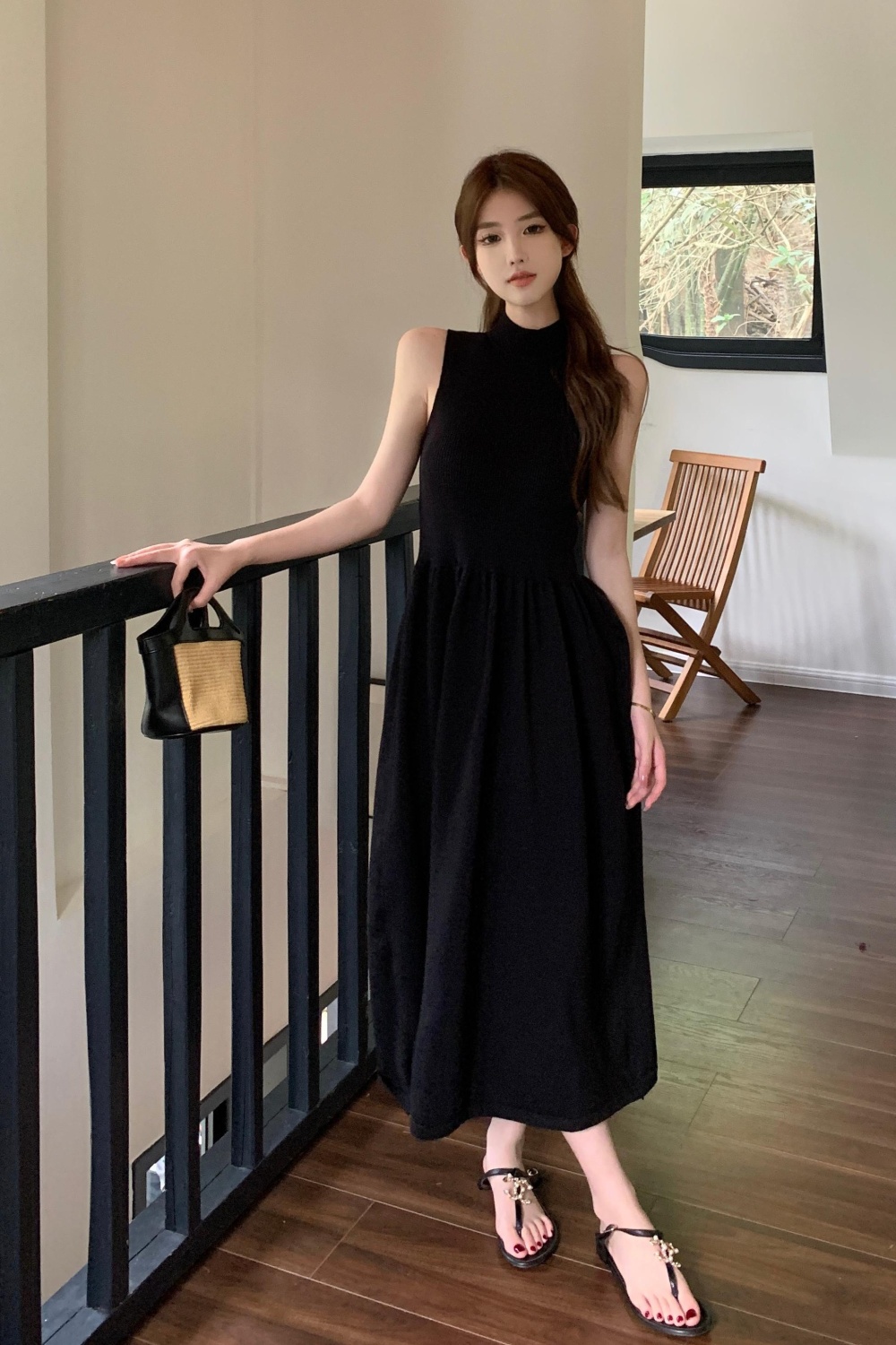 Knitted France style long dress sleeveless slim vest