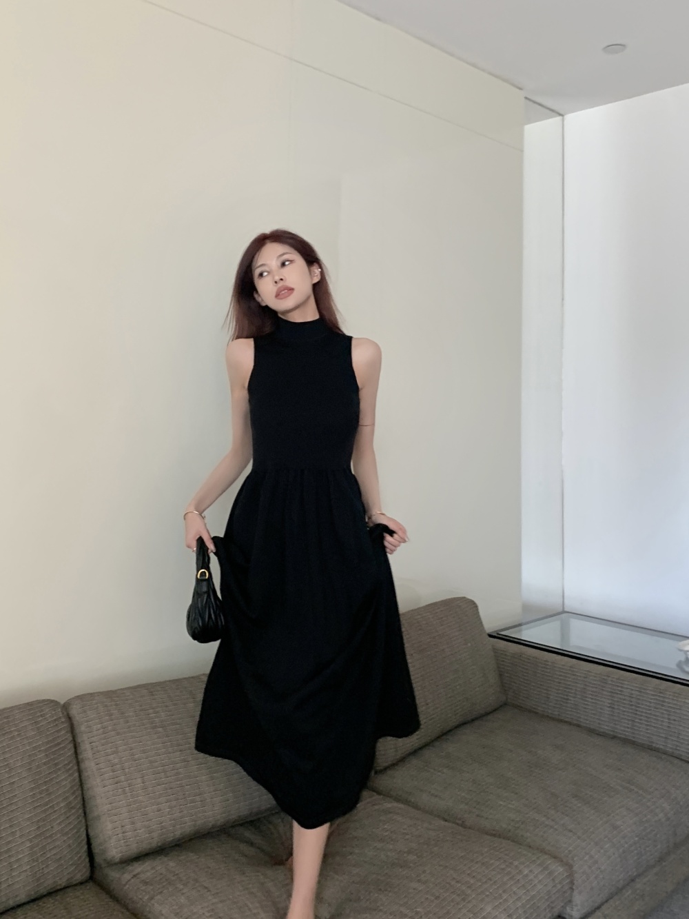 Splice dress pinched waist long dress for women