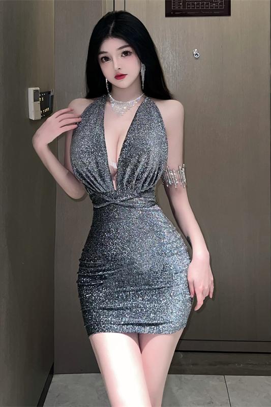 High waist frenum slim sexy V-neck dress for women