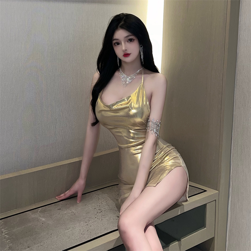 Nightclub slim package hip gold sexy split dress
