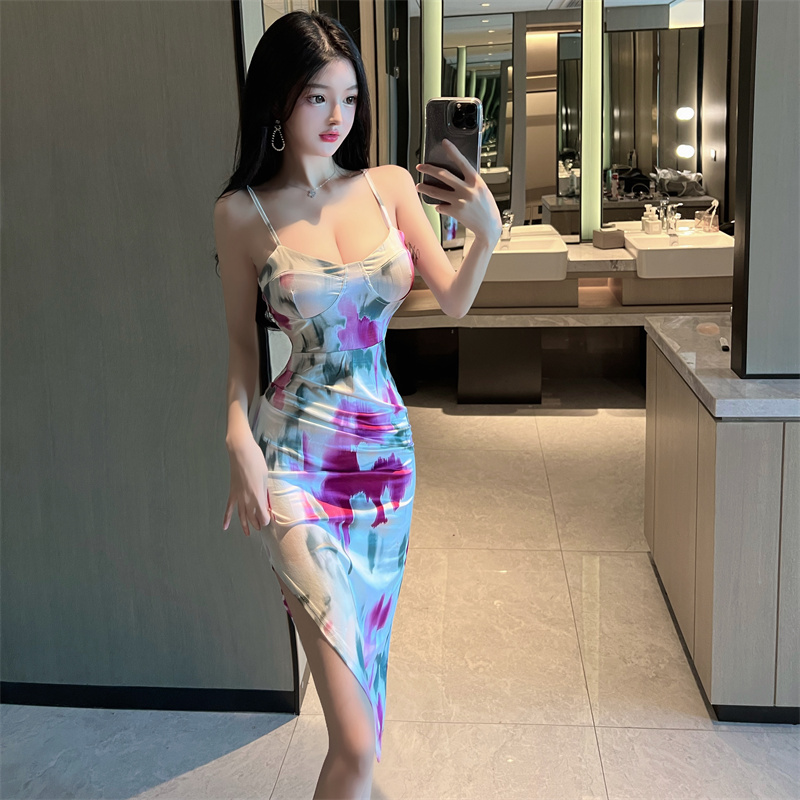 Halter sexy tight package hip dress long sling floral long dress