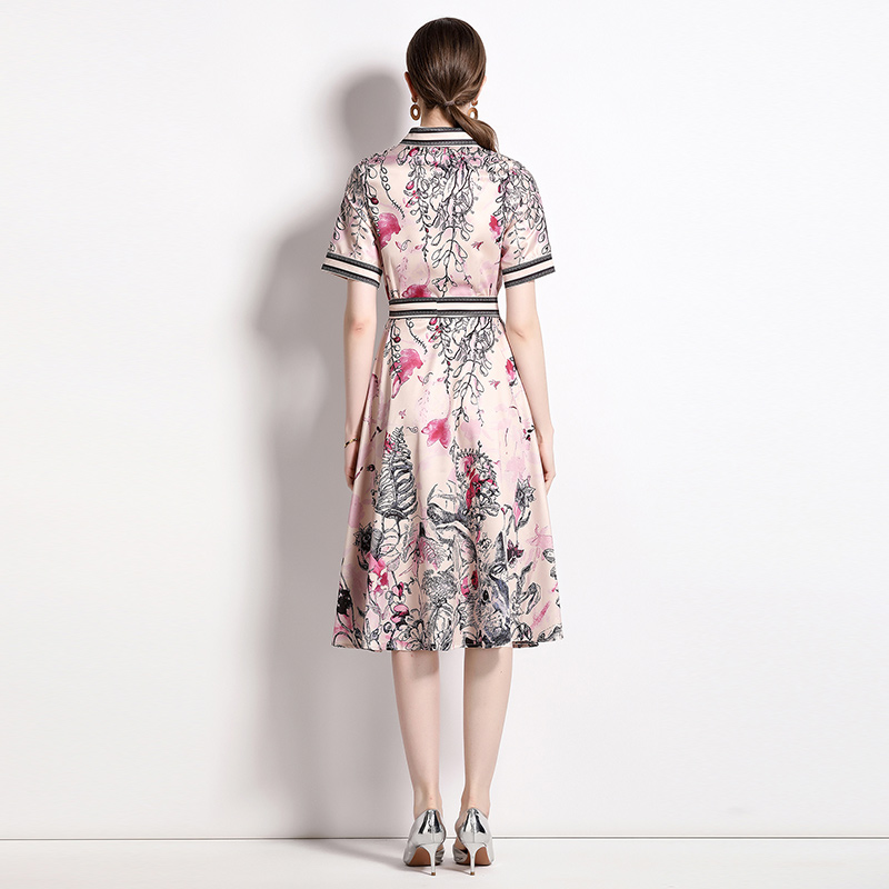 Pinched waist with belt printing all-match dress