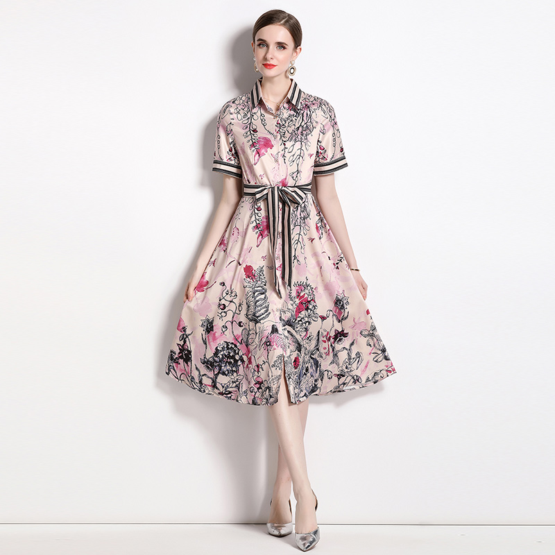 Pinched waist with belt printing all-match dress