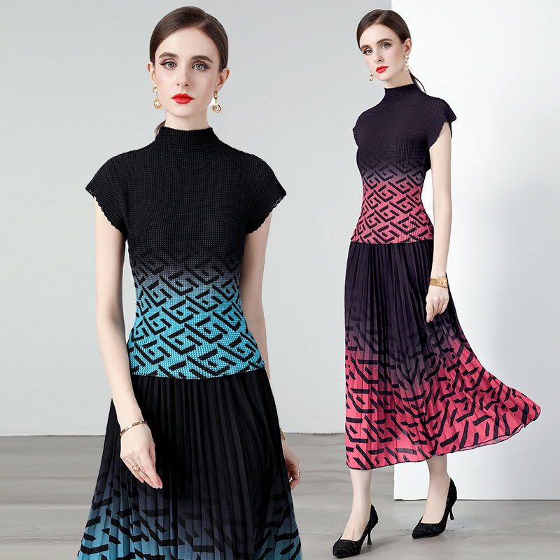 Fashion slim skirt printing pleated small shirt 2pcs set
