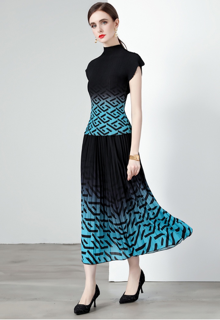 Fashion slim skirt printing pleated small shirt 2pcs set