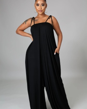 Sleeveless pure pinched waist loose jumpsuit