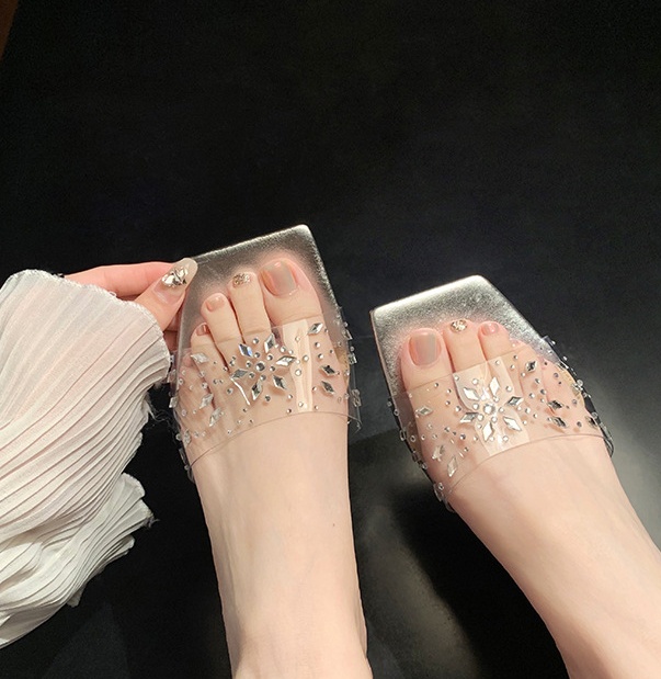 Open toe crystal square head slippers