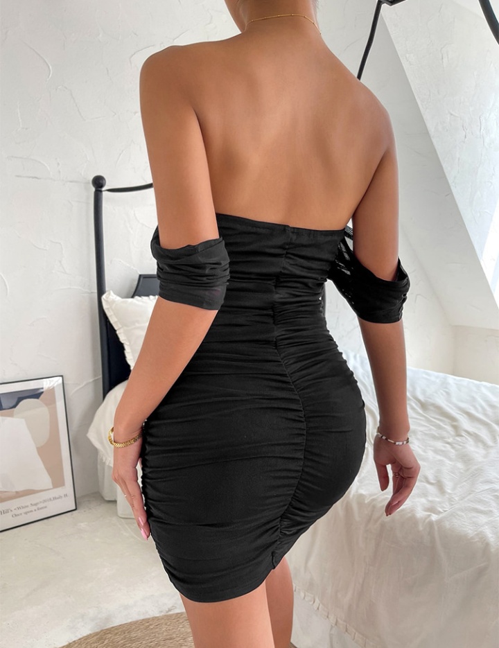 Sexy pinched waist black European style dress