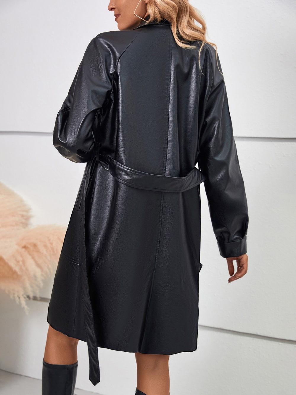 Long leather coat long sleeve belt for women