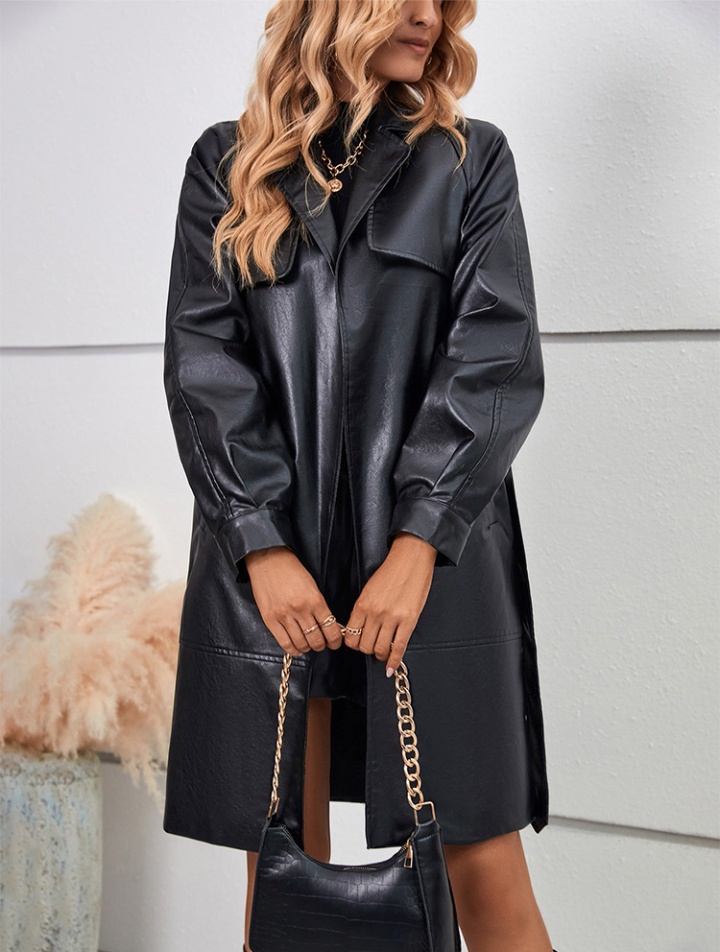 Long leather coat long sleeve belt for women