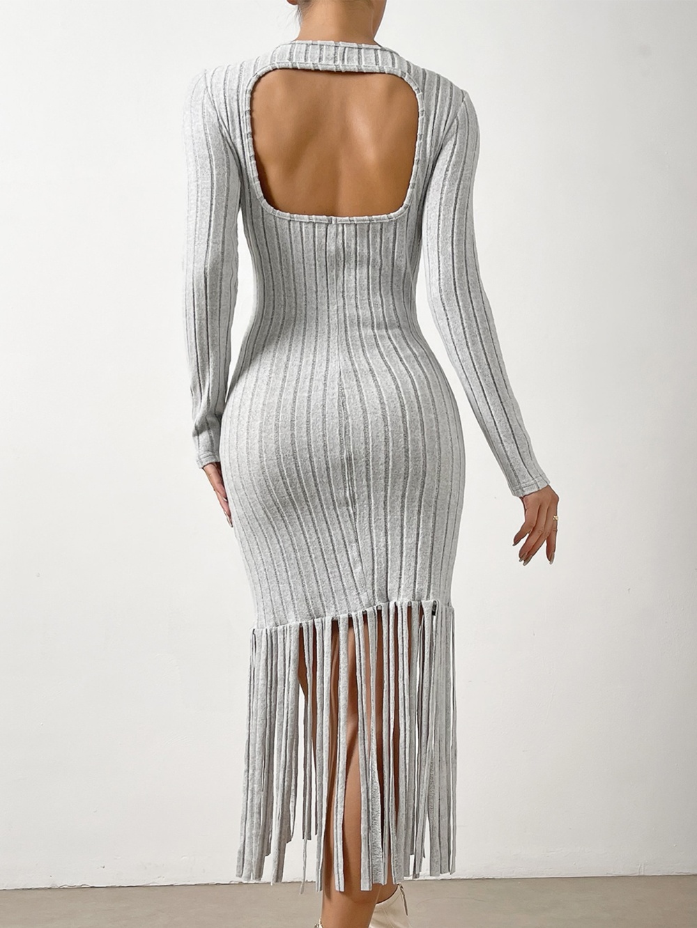 Long sleeve long knitted package hip halter European style dress