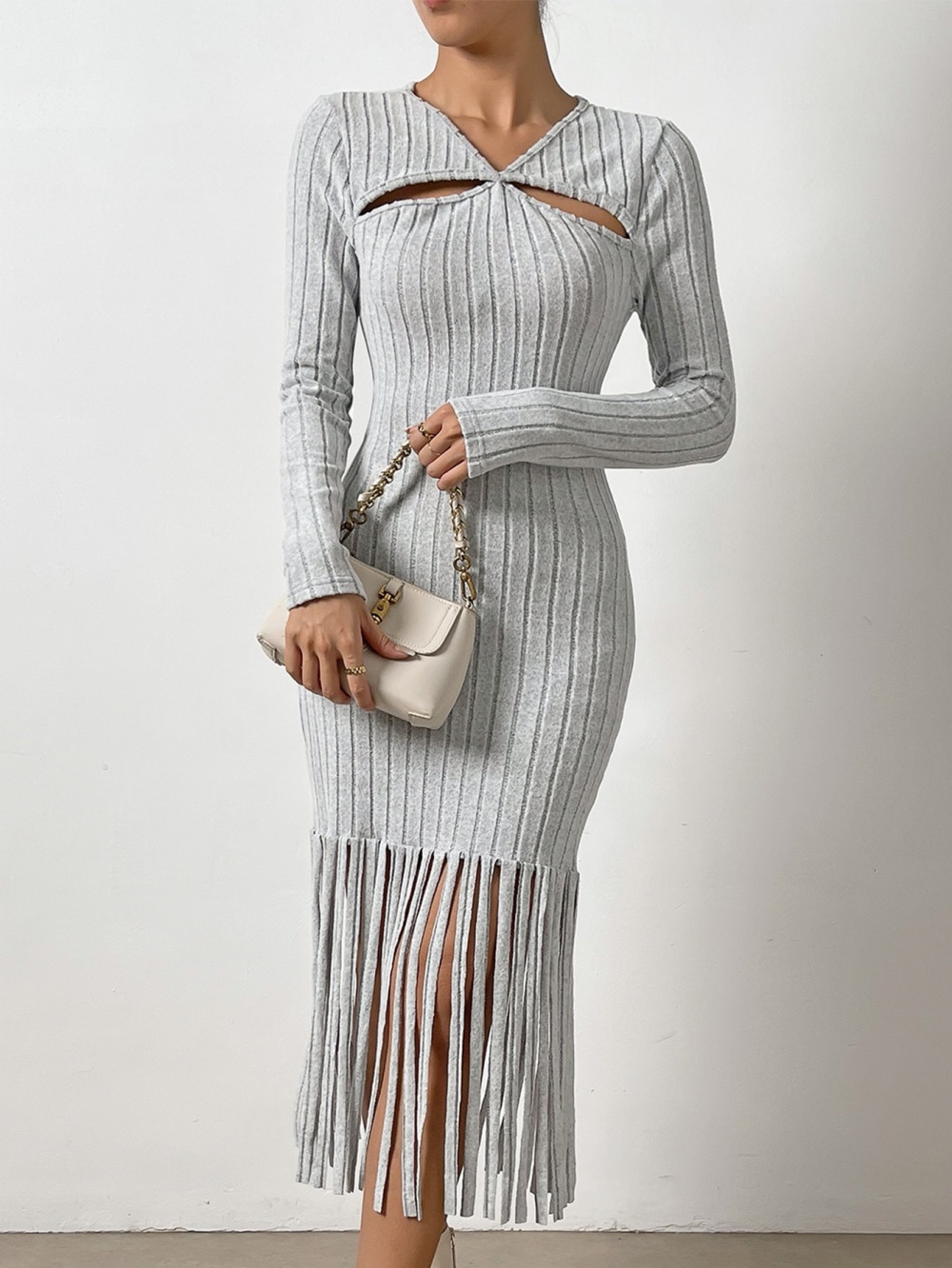 Long sleeve long knitted package hip halter European style dress
