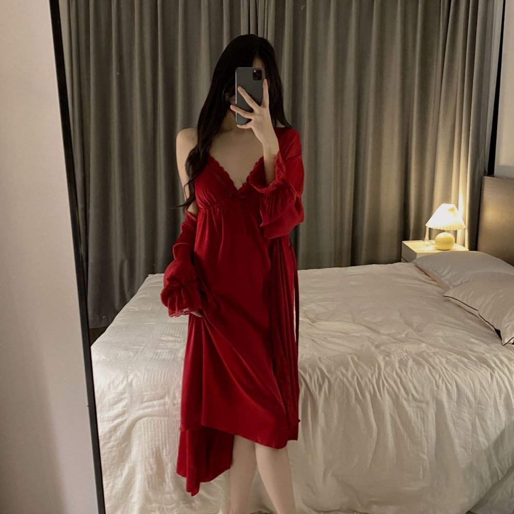 With chest pad ice silk pajamas sexy nightgown 4pcs set