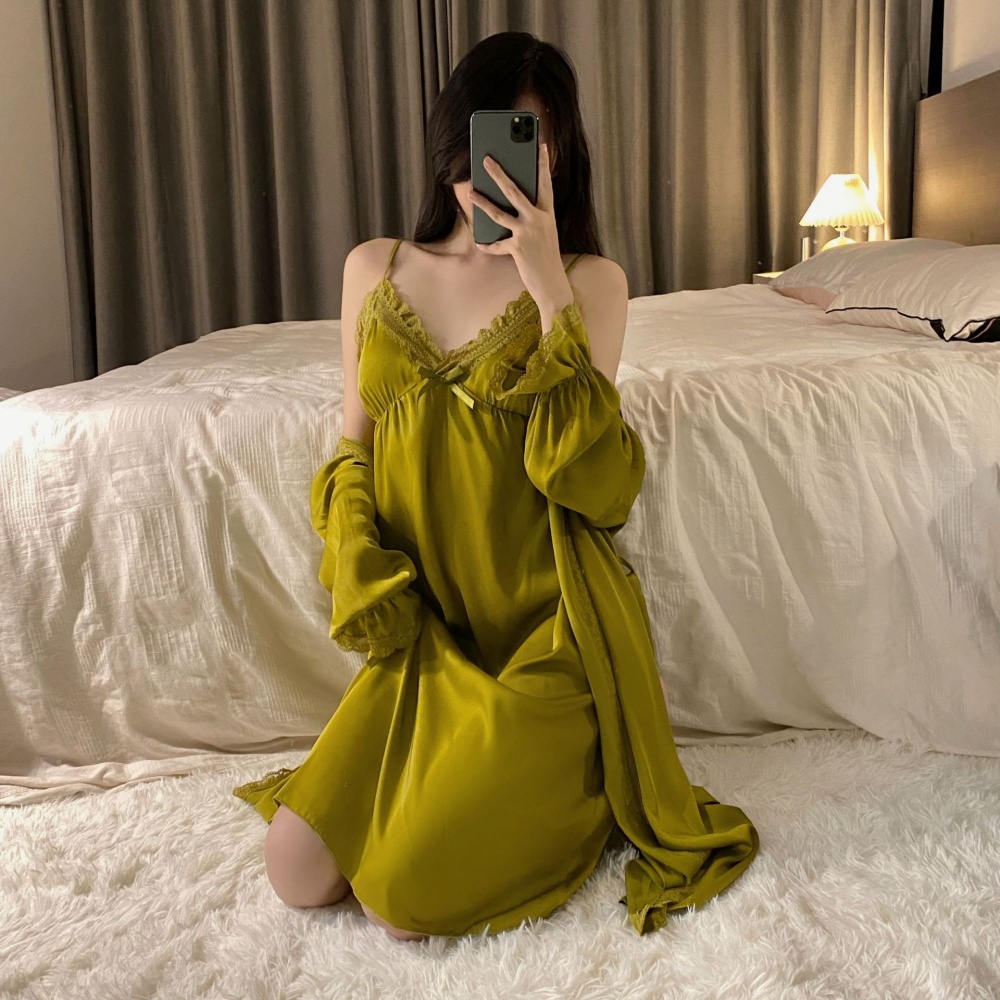 With chest pad ice silk pajamas sexy nightgown 4pcs set