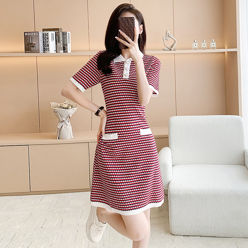 Knitted ladies summer pinched waist fashion and elegant dress
