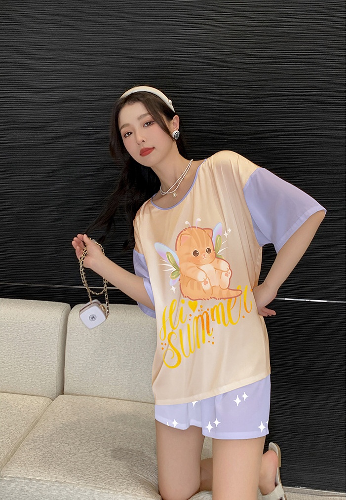 Ice silk pajamas short sleeve shorts 2pcs set for women