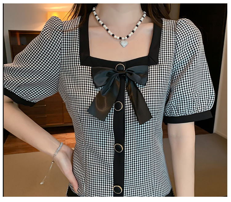 Plaid square collar retro bow short sleeve dress