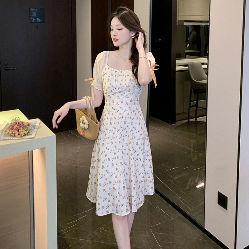 Square collar lantern sleeve summer pinched waist floral dress