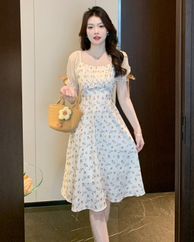 Square collar lantern sleeve summer pinched waist floral dress